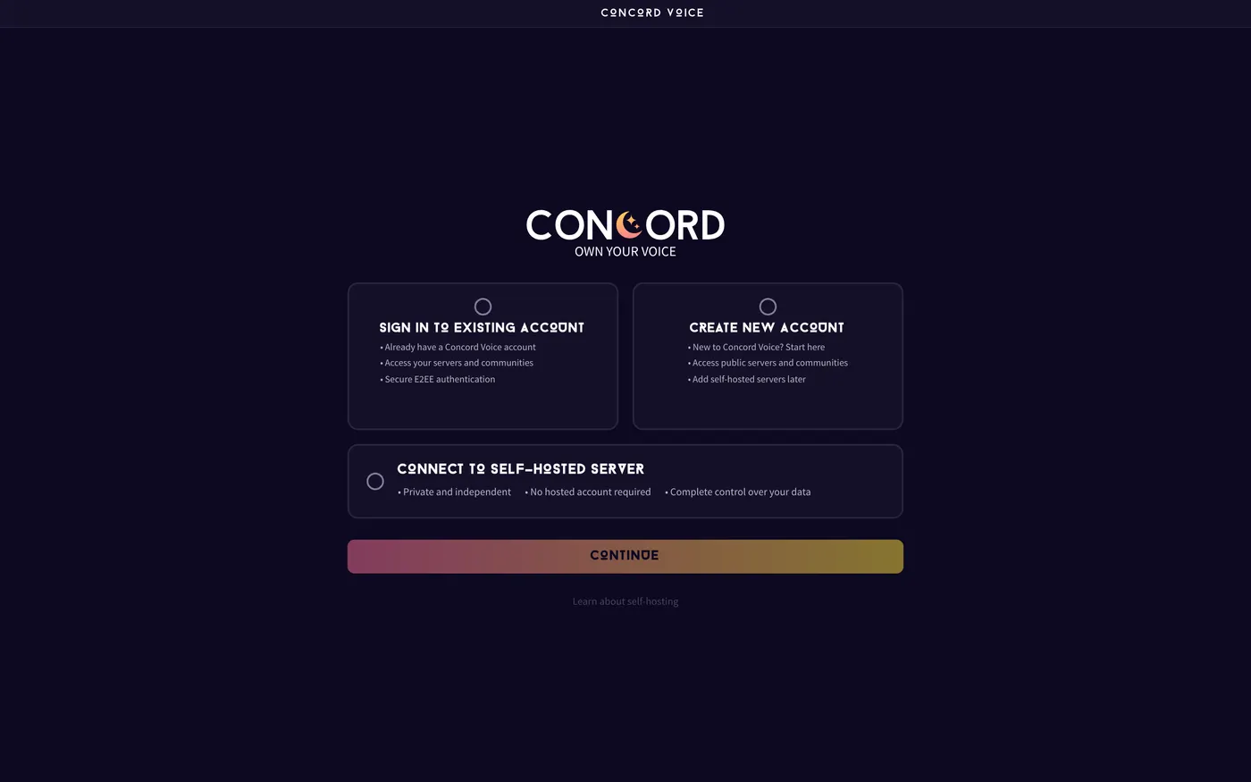 The Concord Voice connection selector, where you sign in to the hosted service or point the app at a server you run yourself.
