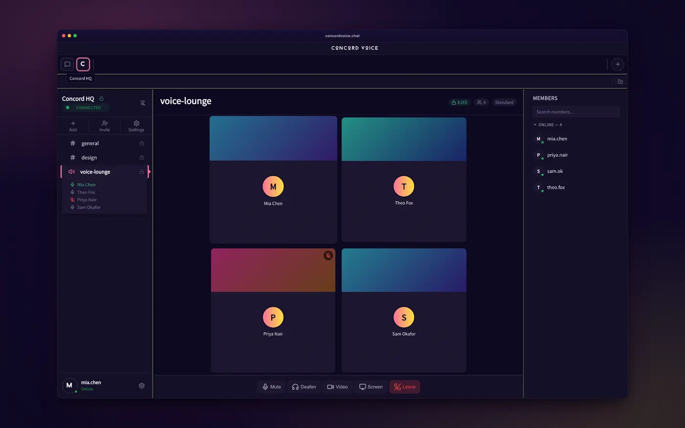 The Concord Voice voice-lounge: a 2-by-2 call grid of participants with gradient video tiles and call controls.